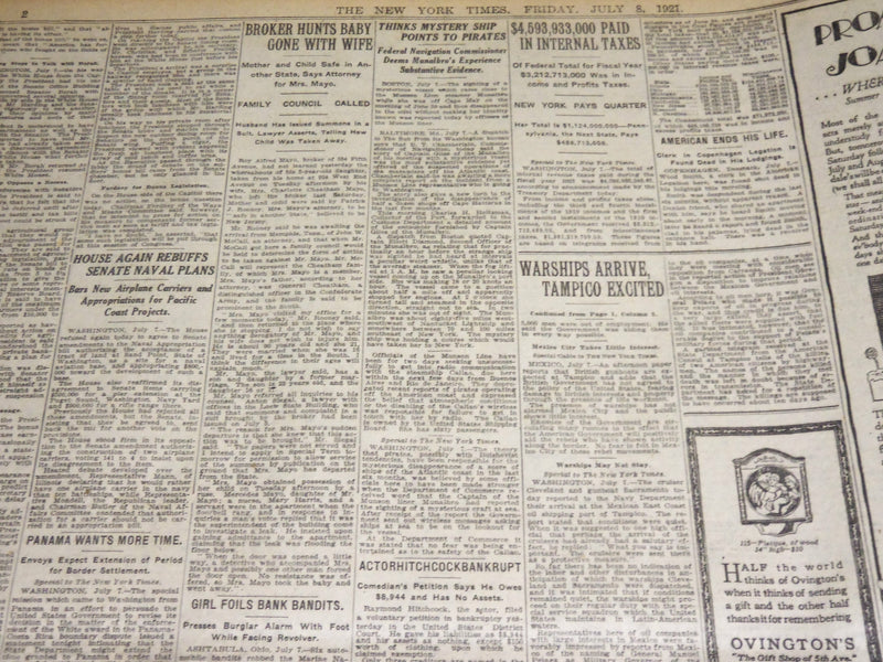 1921 JULY 8 NEW YORK TIMES NEWSPAPER- WARSHIPS ARRIVE, TAMPICO EXCILED - NT 8697