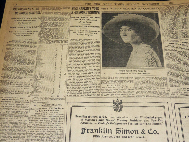 1916 NOVEMBER 12 NEW YORK TIMES - VOTES OF WOMEN & BULL MOOSE WILSON - NT 7733