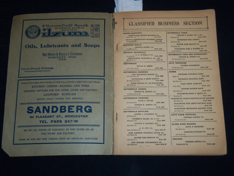 1919 SPRING WORCESTER DISTRICT TELEPHONE DIRECTORY - WORCESTER DISTRICT - J 8819