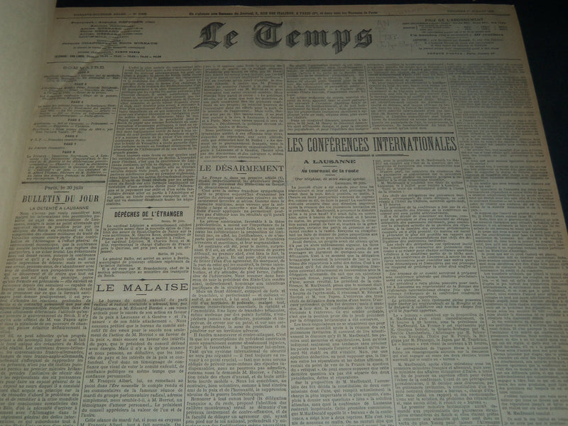 1932 JULY-SEPTEMBER LE TEMPS FRENCH NEWSPAPER BOUND VOLUME - VB 14