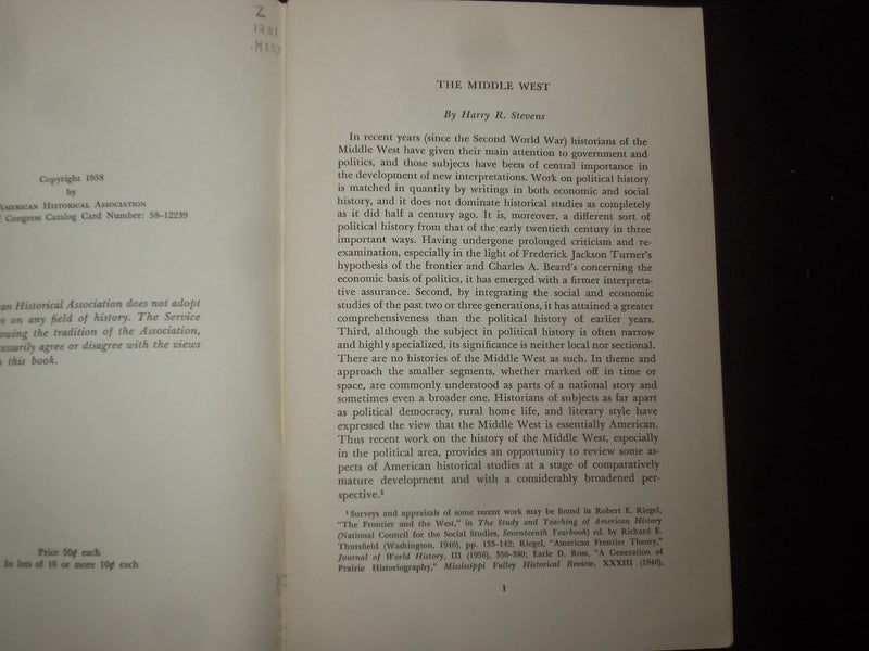 1958 THE MIDDLE WEST SOFTCOVER BOOK BY HARRY R. STEVENS - J 9865