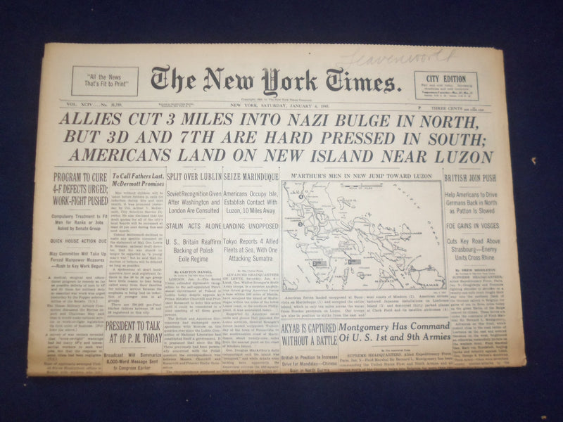 1945 JAN 6 NEW YORK TIMES - ALLIES CUT 3 MILES INTO NAZI BULGE IN NORTH- NP 6644