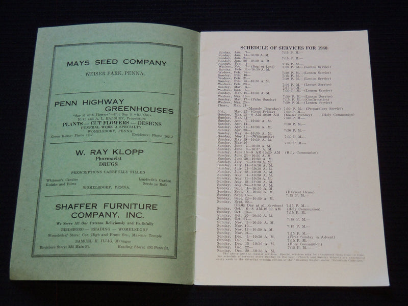 1939 ZION REFORMED CHURCH THE YEAR BOOK SCHEDULE FOR 1940 - J 7409