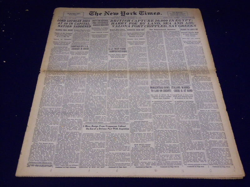 1940 DECEMBER 13 NEW YORK TIMES - BRITISH CAPTURE 20,000 IN EGYPT - NT 2748