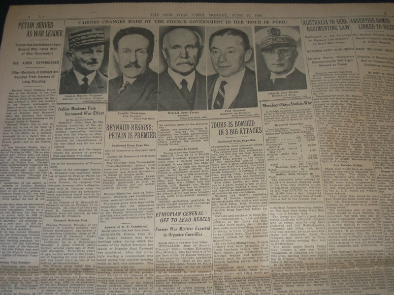1940 JUNE 17 NEW YORK TIMES - REYNAUD RESIGNS PETAIN IS NOW PREMIER- NP 3612