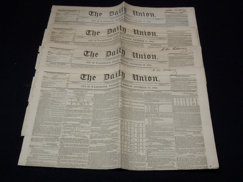 1852-1853 THE DAILY UNION NEWSPAPER LOT OF 4 ISSUES - WASINGTON - NP 3297E