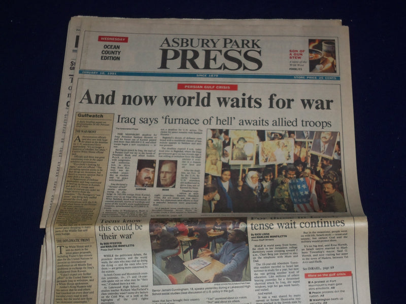 1991 JANUARY 16 ASBURY PARK PRESS NEWSPAPER - WORLD AWAITS WAR IN IRAQ - NP 3067