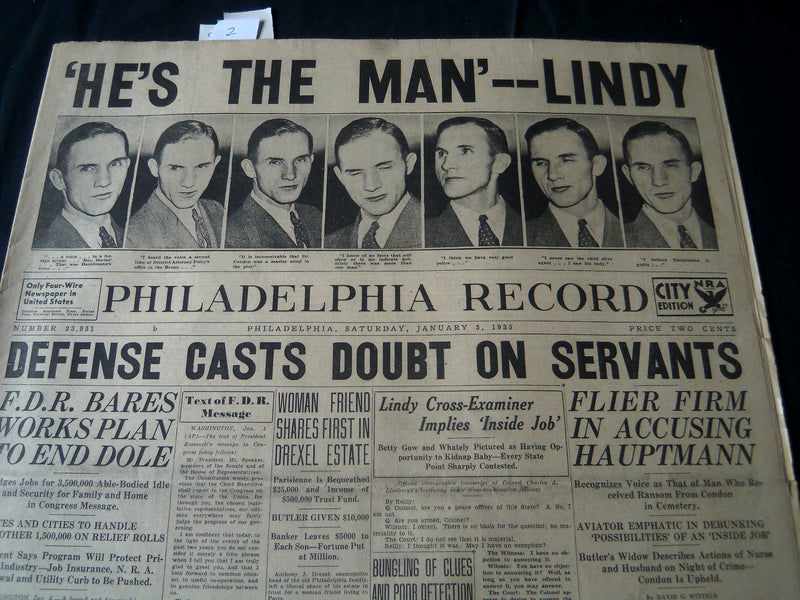 1935 JANUARY 5 PHILADELPHIA RECORD NEWSPAPER - HE'S THE MAN LINDY - NT 7252