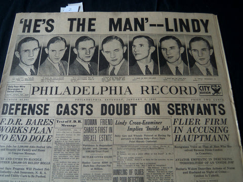 1935 JANUARY 5 PHILADELPHIA RECORD NEWSPAPER - HE'S THE MAN LINDY - NT 7252