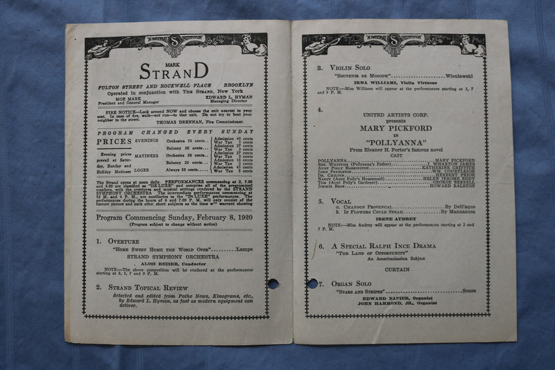 1920 FEBRUARY 8 POLLYANNA - MARY PICKFORD - STRAND THEATRE PROGRAM - K 2739
