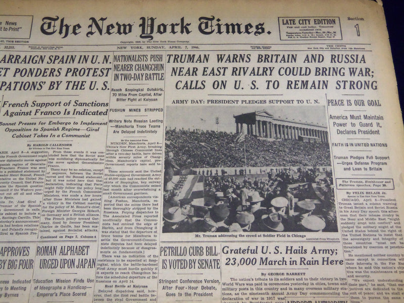 1946 APRIL 7 NEW YORK TIMES - TRUMAN WARNS BRITAIN AND RUSSIA - NT 2331