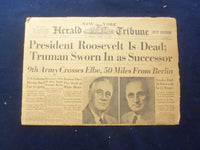 1945 APRIL 13 NEW YORK HERALD TRIBUNE NEWSPAPER-PRES ROOSEVELT IS DEAD - NP 6463