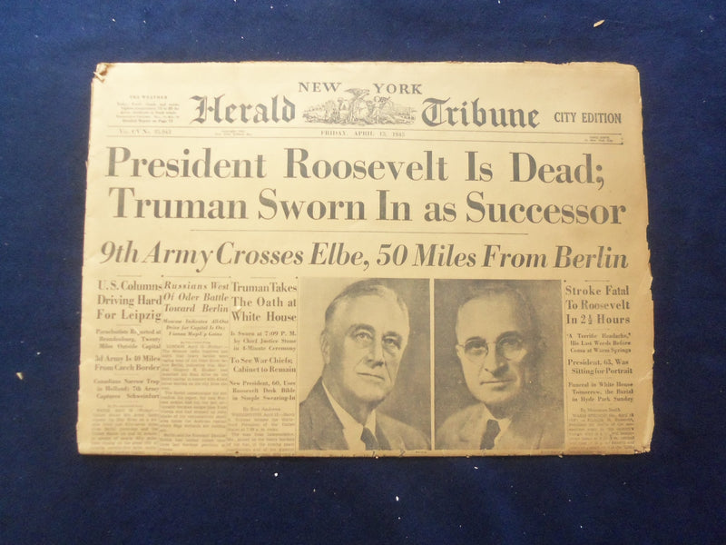 1945 APRIL 13 NEW YORK HERALD TRIBUNE NEWSPAPER-PRES ROOSEVELT IS DEAD - NP 6463