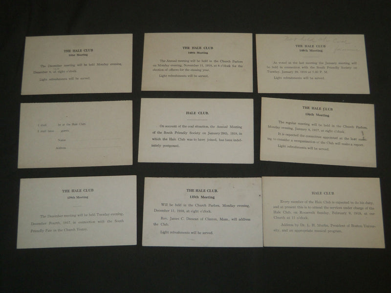 1912-1919 THE HALE CLUB MEETING POSTCARDS LOT OF 20 - ONE & TWO CENT- J 4647