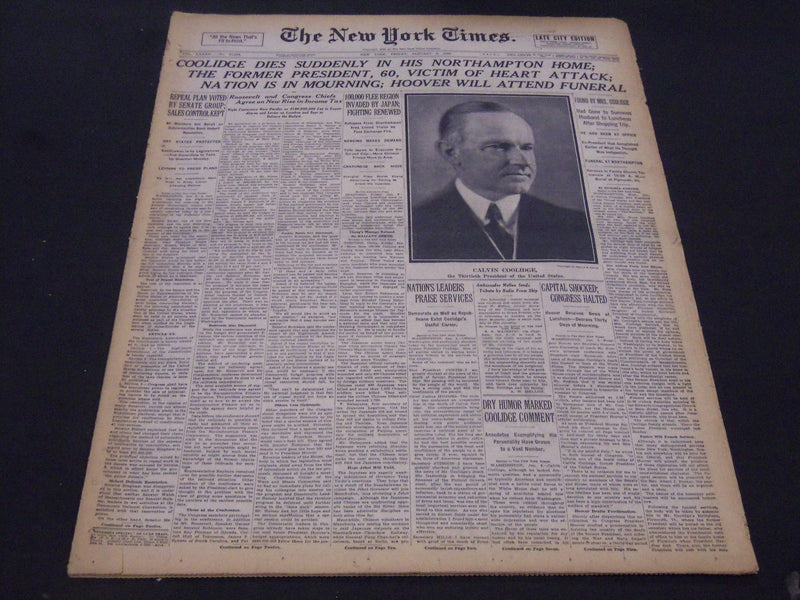 1933 JANUARY 6 NEW YORK TIMES - COOLIDGE DIES SUDDENLY IN HIS HOME - NT 5251