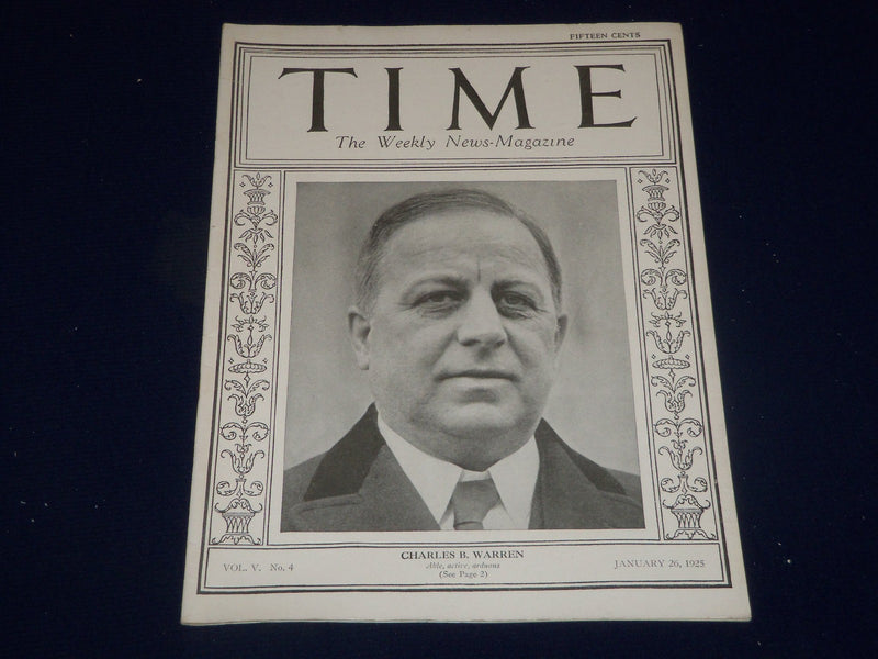 1925 JANUARY 26 TIME MAGAZINE - CHARLES B. WARREN COVER - T 37