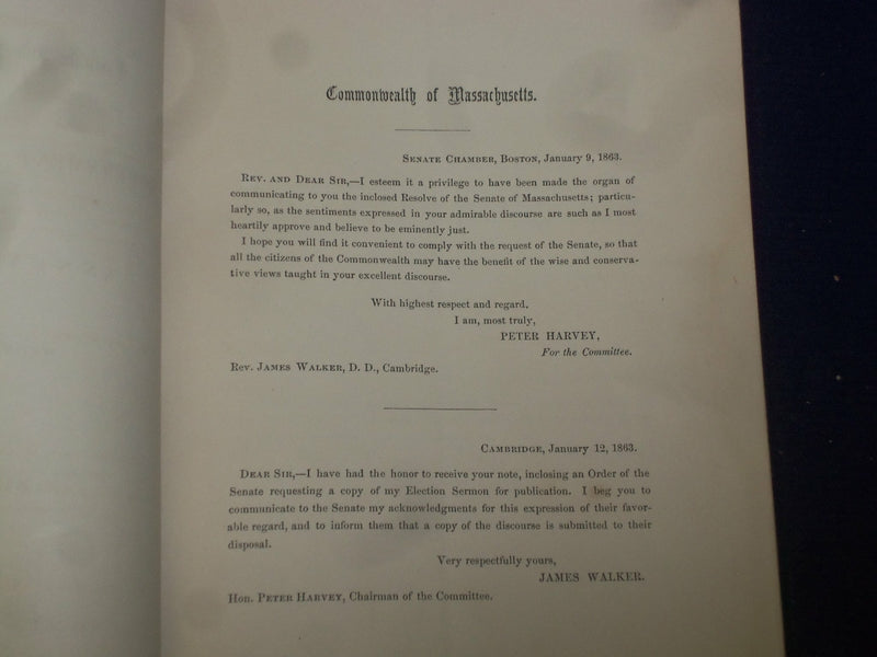 1863 SERMON TO GOVERNMENT OF MASSACHUSETTS, BY JAMES WALKER - J 4455