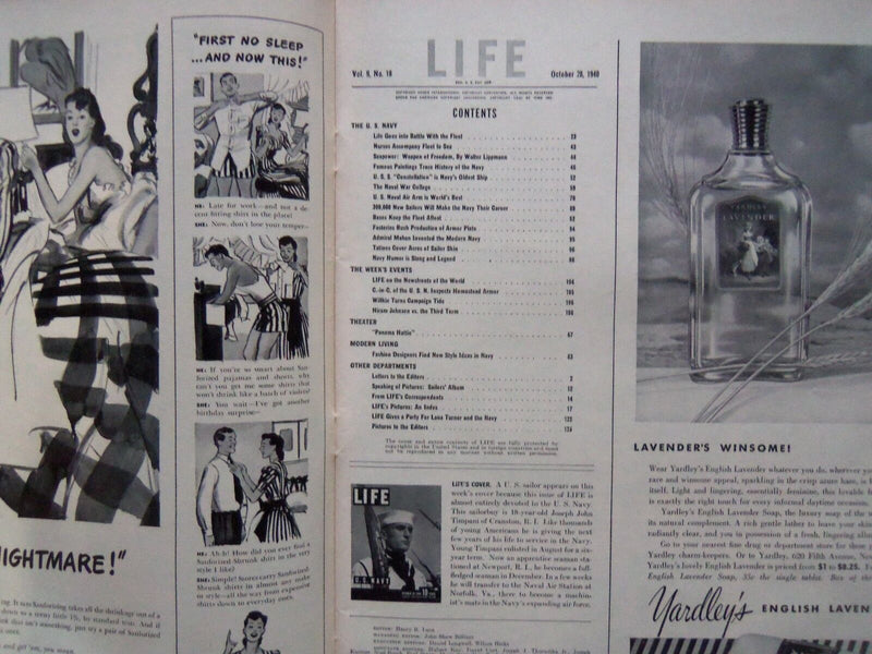 1940 OCTOBER 28 LIFE MAGAZINE - U.S. SAILOR - L 206
