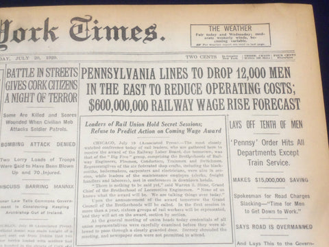 1920 JULY 20 NEW YORK TIMES - PENNSYLVANIA LINES TO DROP 12,000 MEN - NT 9343