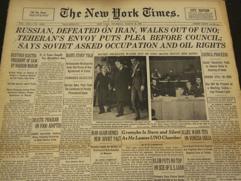 1946 MARCH 28 NEW YORK TIMES - RUSSIA WALKS OUT OF UNO - NT 4250