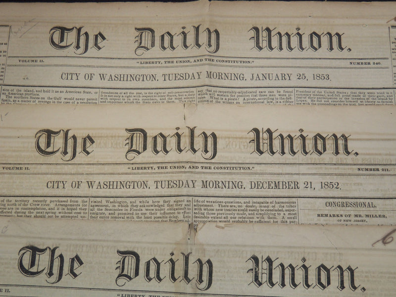 1852-1853 THE DAILY UNION NEWSPAPER LOT OF 4 ISSUES - WASINGTON - NP 3297E
