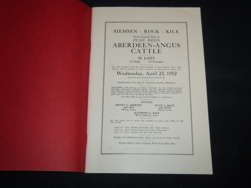 1952 SIEMSEN, ROCK, KILE ABERDEEN ANGUS SALE CATALOG LOT OF 2 - IOWA - J 9105
