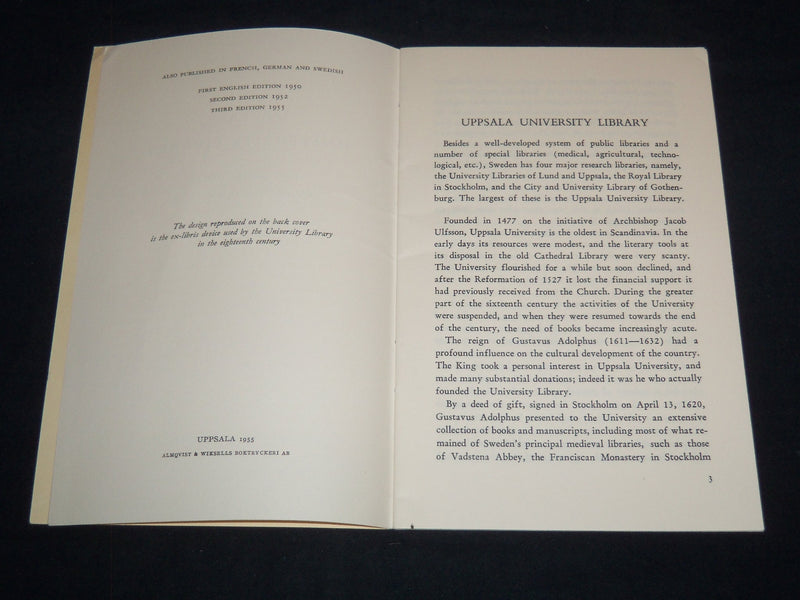 1955 UPSALA UNIVERSITY LIBRARY GUIDE - HISTORICAL NOTES GUIDE TO EXHIBIT- J 8731