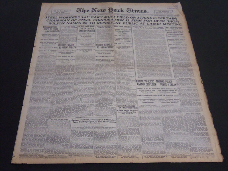 1919 SEPT 18 NEW YORK TIMES - GARY MUST YIELD OR STRIKE IS CERTAIN - NT 7026