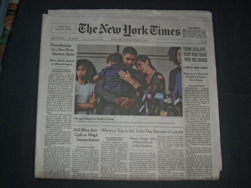 2019 AUGUST 2 NEW YORK TIMES -TRUMP ESCALTATES FIGHT OVER TRADE WITH THE CHINESE