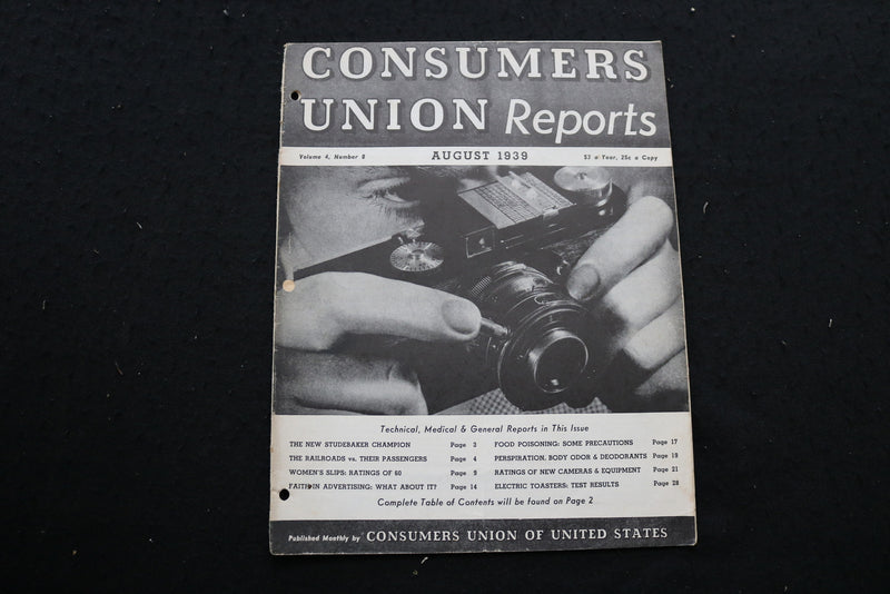 1939 AUGUST CONSUMERS UNION REPORTS MAGAZINE - SP 4179Y