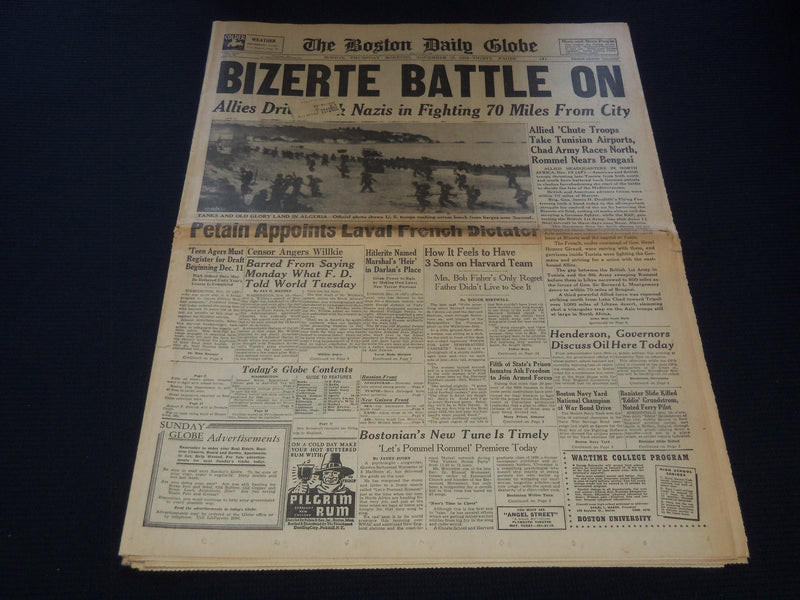 1942 NOVEMBER 19 BOSTON DAILY GLOBE NEWSPAPER - BIZERTE BATTLE ON - NT 9452