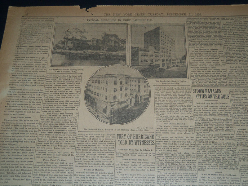 1926 SEPT 21 NEW YORK TIMES - NATION RUSHING RELIEF TO FLORIDA'S 40,000- NT 7578