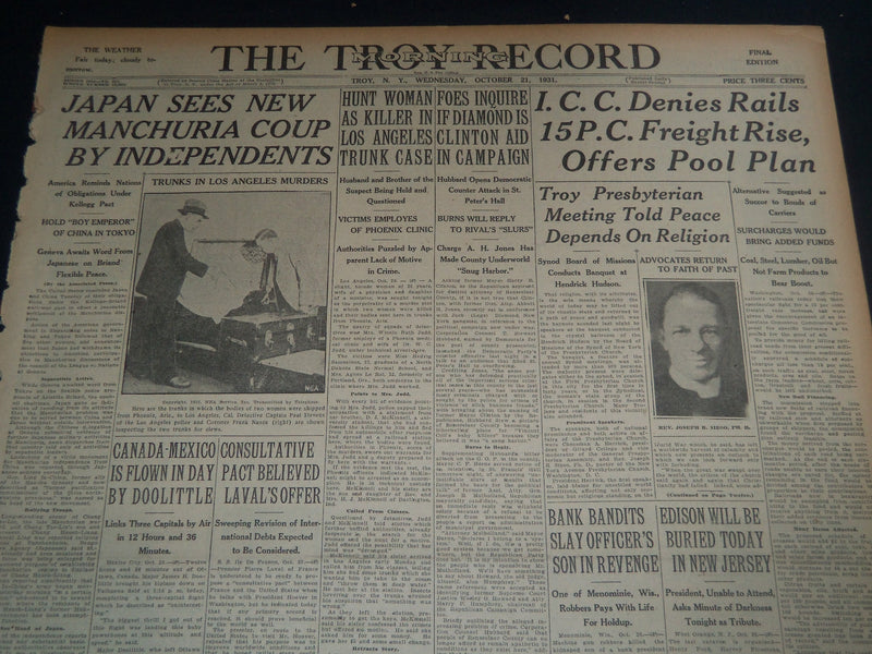 1931 OCTOBER 21 TROY MORNING RECORD - EDISON WILL BE BURIED TODAY - NT 7496