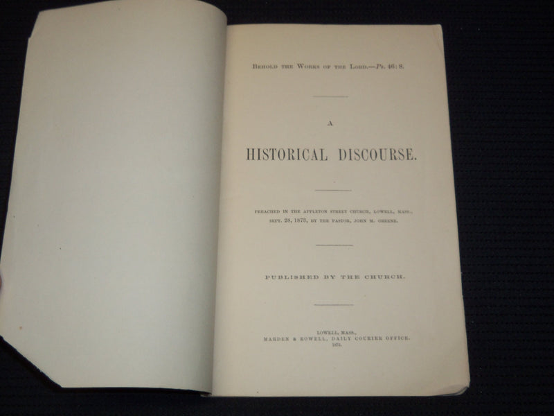 1873 A HISTORICAL DISCOURSE BOOK - LOWELL MASSACHUETTS - J 7986