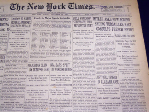 1933 NOVEMBER 26 NEW YORK TIMES - HITLER ASKS NEW ACCORD - NT 3875