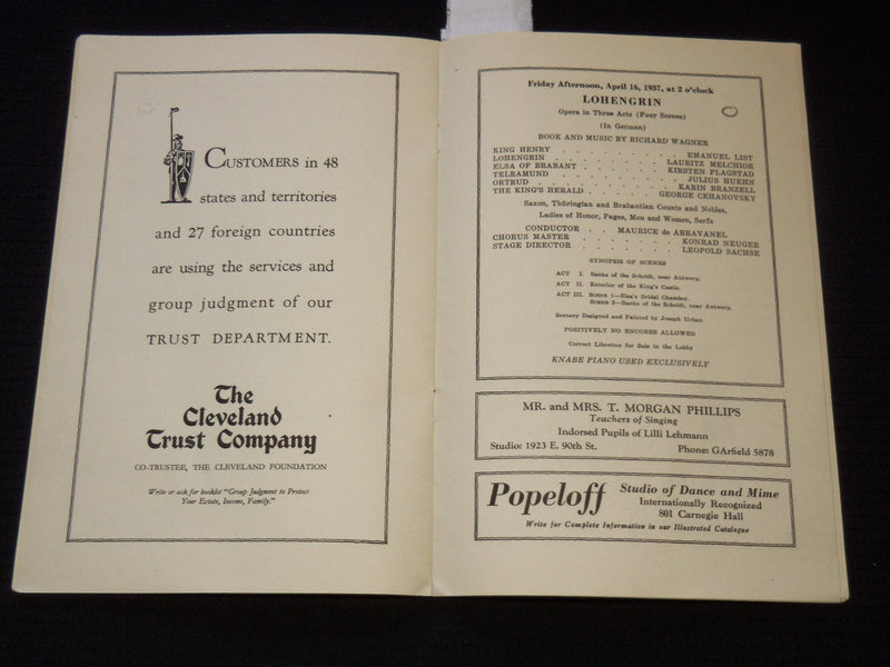 1937 TENTH GRAND OPERA SEASON PROGRAM - CLEVELAND - RUSTICANA - J 8015