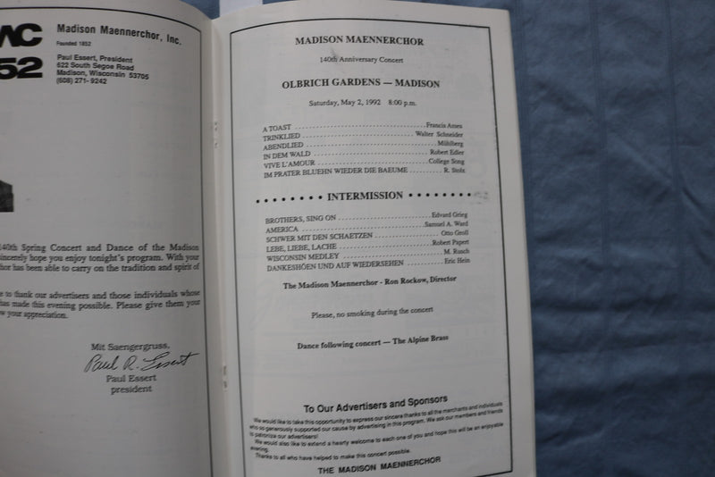 1992 MADISON MAENNERCHOR 140TH ANNUAL SPRING CONCERT PROGRAM - K 2953