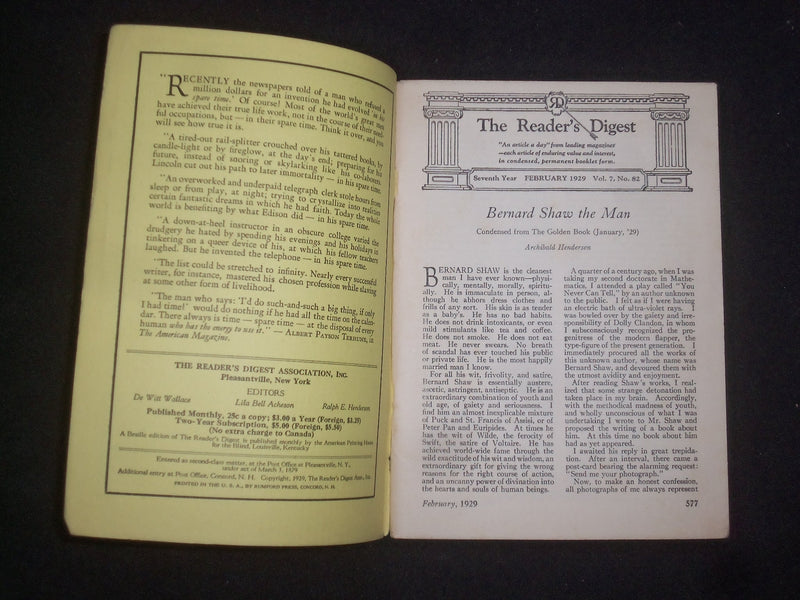 1929 FEBRUARY THE READER'S DIGEST SOFTCOVER BOOK-NUMBER 82-YELLOW COVERS- J 9926
