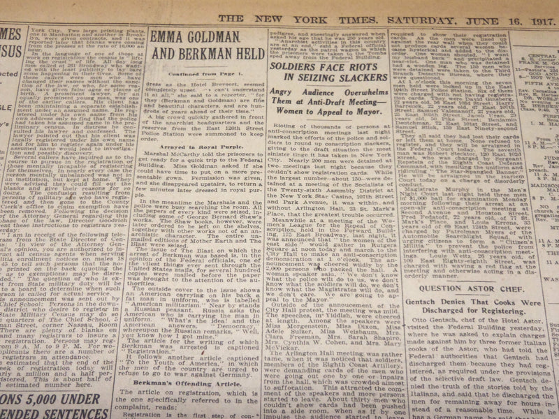 1917 JUNE 16 NEW YORK TIMES - EMMA GOLDMAN AND A. BECKMAN BEHIND BARS - NT 7797