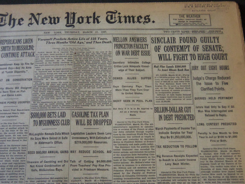 1927 MAR 17 NEW YORK TIMES SINCLAIR FOUND GUILTY OF CONTEMPT OF SENATE - NT 6397