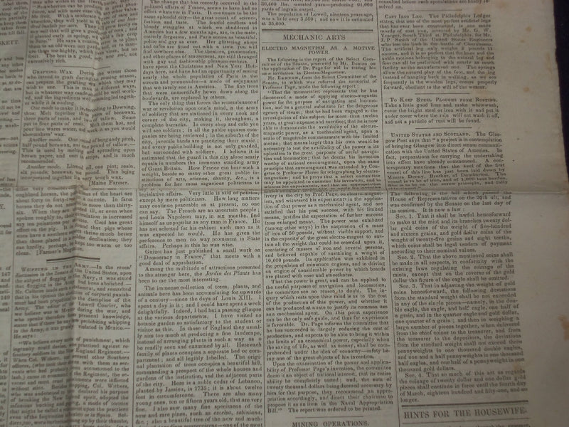 1849 MARCH 17 MASSACHUSETTS PLOUGHMAN NEWSPAPER - ELECTRO MAGNETISM - NP 5163