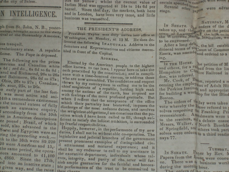 1849 MAR 10 MASSACHUSETTS PLOUGHMAN NEWSPAPER- TAYLOR INAUGURAL ADDRESS- NP 5162