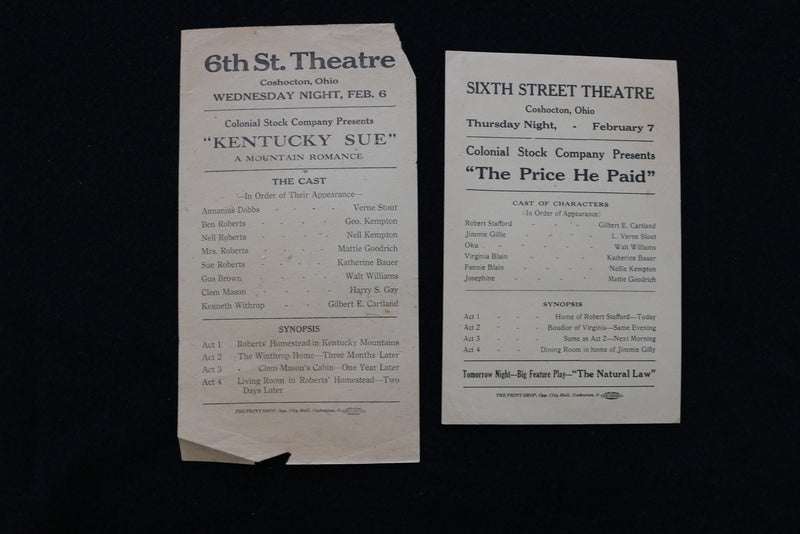1910'S SIXTH (6TH) STREET THEATRE PROGRAMS - LOT OF 2 - COSHOCTON, OHIO - K 1879