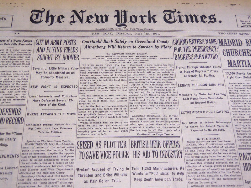 1931 MAY 12 NEW YORK TIMES - COURTAULD BACK SAFELY - NT 4132