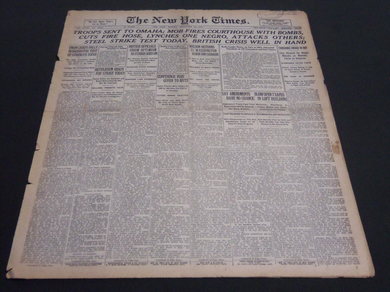 1919 SEPT 29 NEW YORK TIMES - TROOPS SENT TO OMAHA MOB BOMBS COURTHOUSE- NT 7036