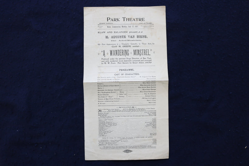 1897 SEPTEMBER 27 PARK THEATRE PROGRAM - A WANDERING MINSTREL - K 1665