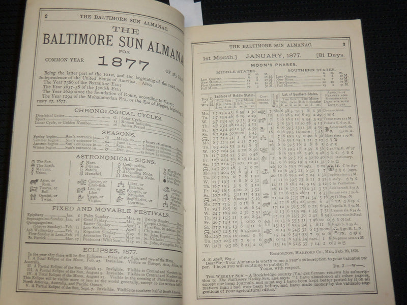 1877 THE BALTIMORE SUN ALMANAC - SOFTCOVER - A. S. ABELL & CO. - J 6865