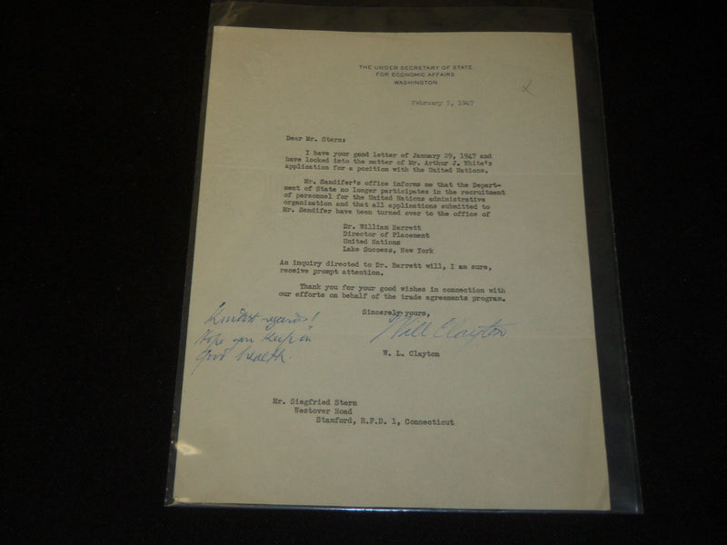 1947 W. L. CLAYTON UNDER SECRETARY OF STATE TYPED SIGNED LETTER - J 5359