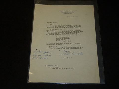 1947 W. L. CLAYTON UNDER SECRETARY OF STATE TYPED SIGNED LETTER - J 5359