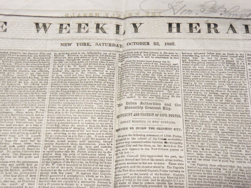 1852 OCTOBER 23 THE WEEKLY HERALD NEWSPAPER - BLACK WARRIOR - CRESCENT- NP 3878W